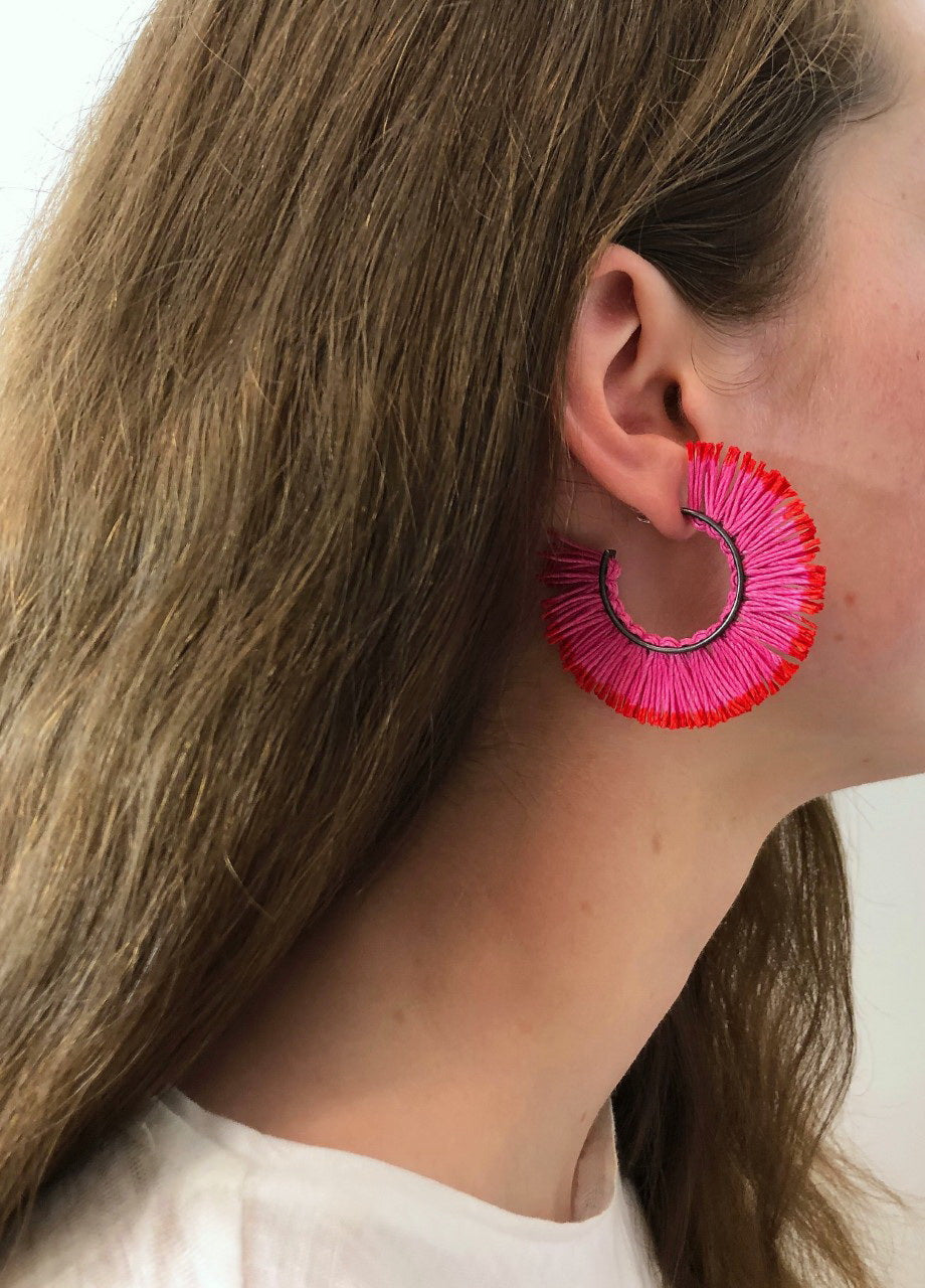 Hoop Earrings Fringed Large Red Pink VM98