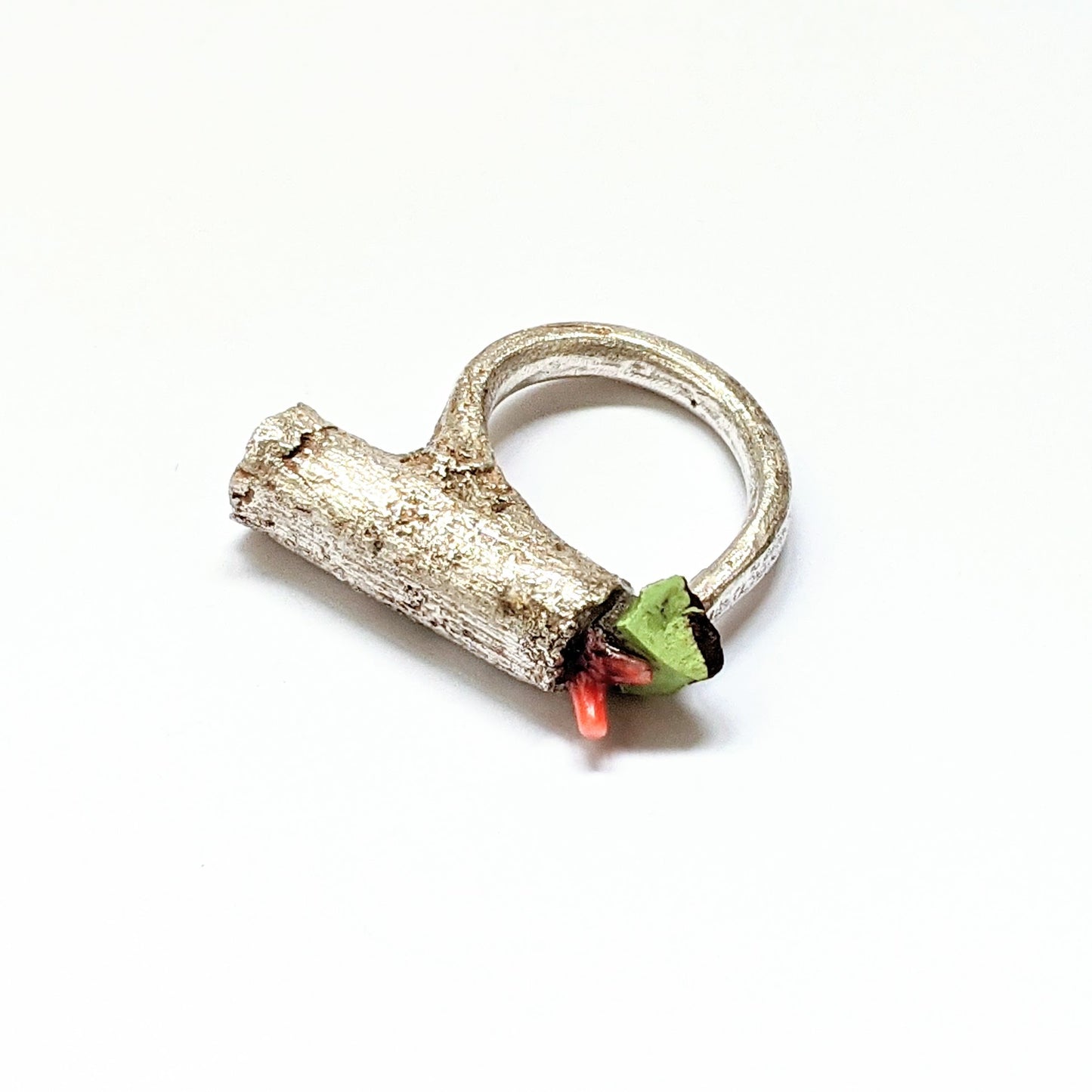 Ring Fine Silver Twig Gaspeite Coral #2