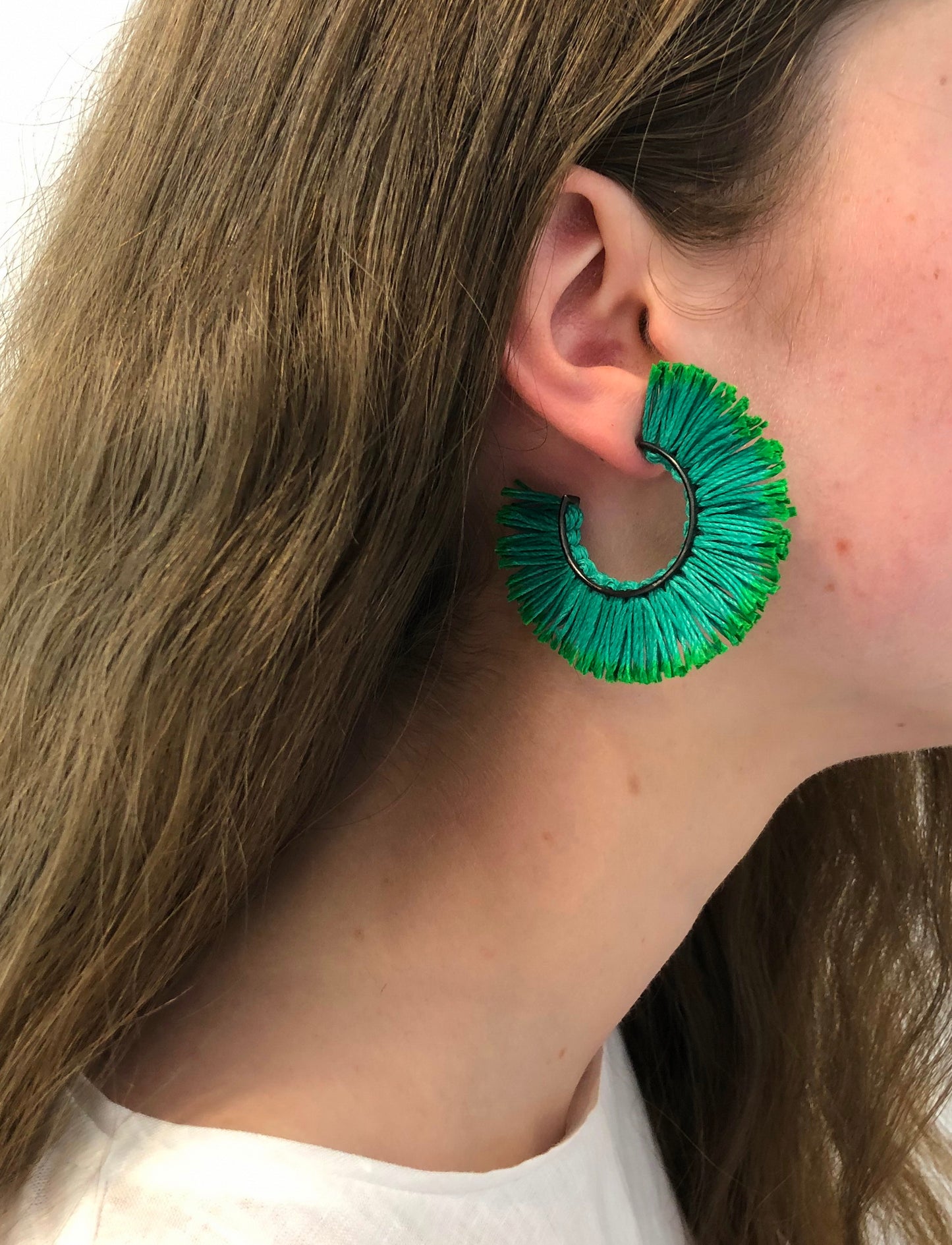 Hoop Earrings Fringed Large Fresh Green VM99