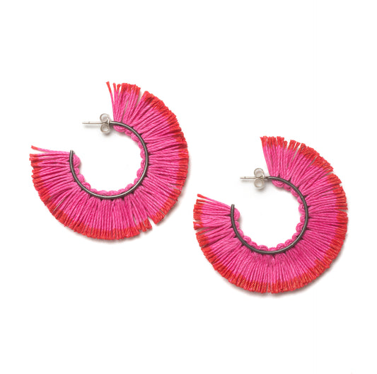 Hoop Earrings Fringed Large Red Pink VM98