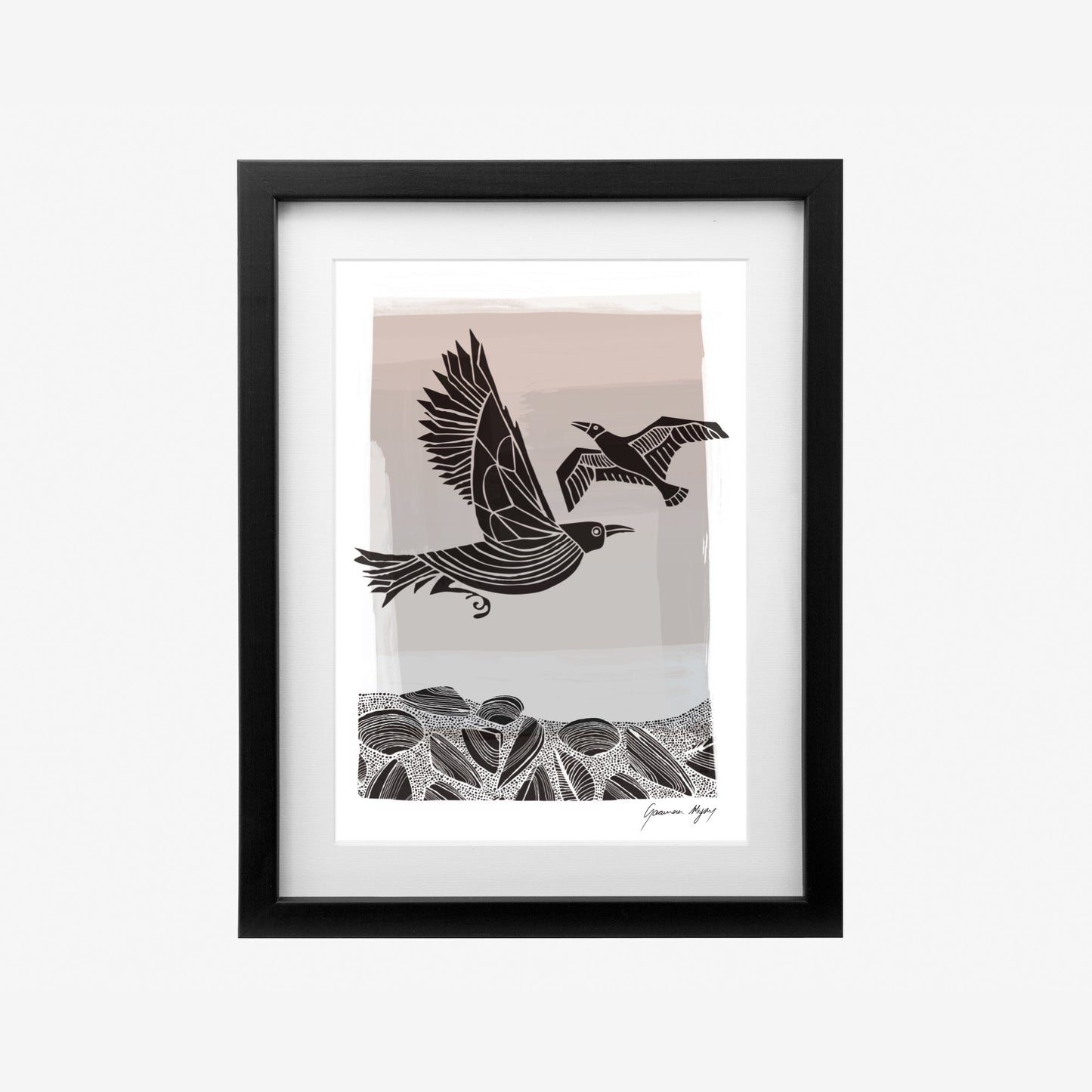 Framed Print Lucy Simpson Crow and Seagull Black