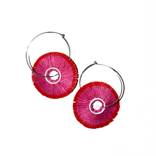Hoop Earrings Ablaze in Pink Stamens Hot Pink / Red