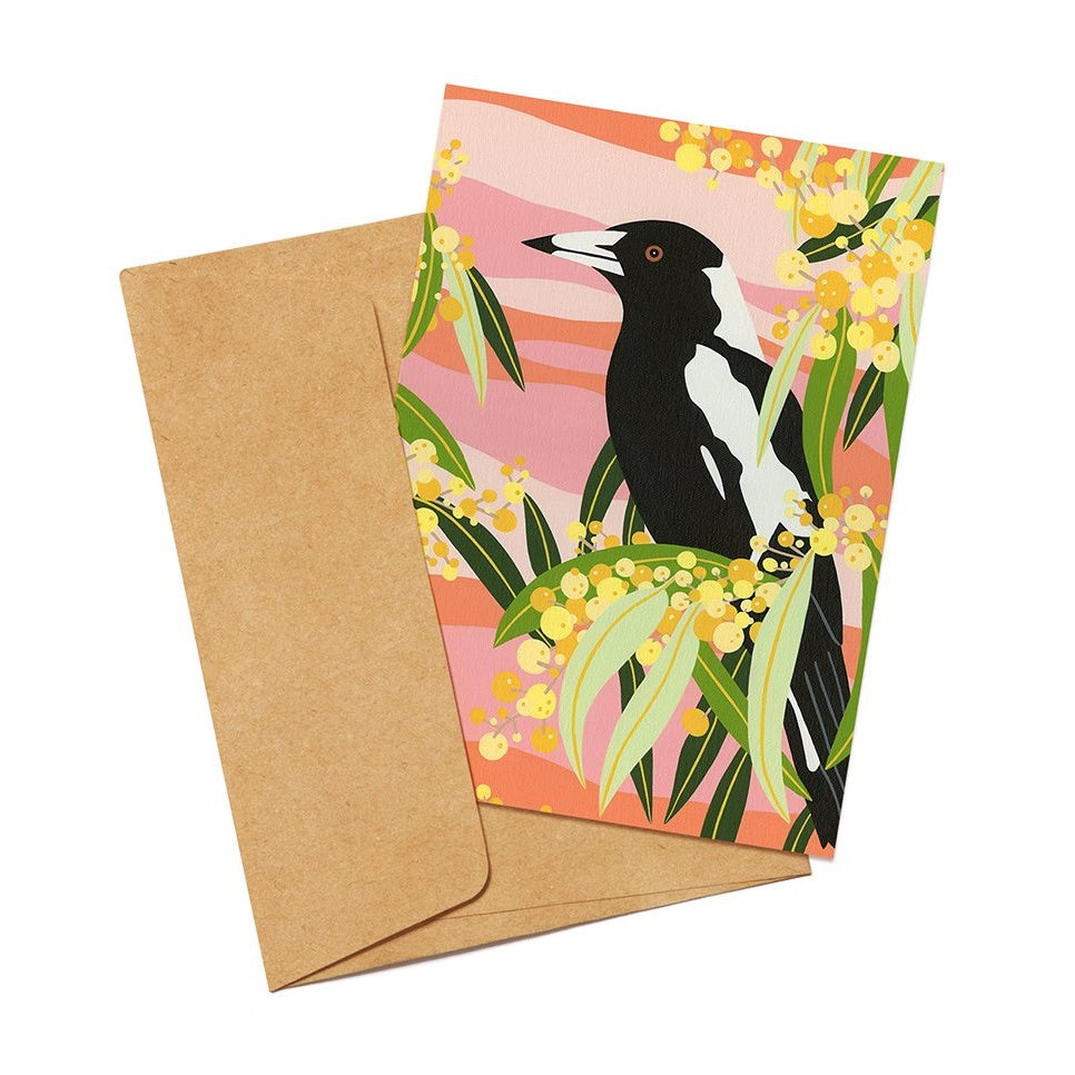 Wattle and Magpie Greeting Card