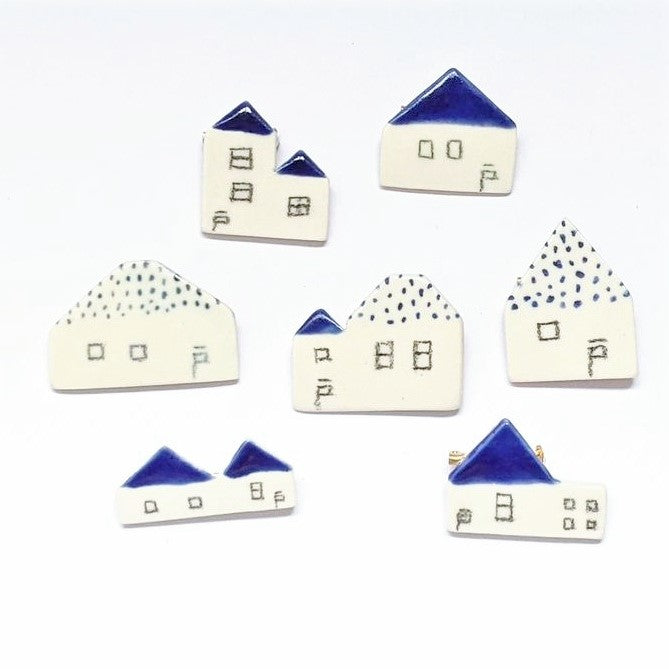 Brooch Porcelain Tiny Houses Blue White