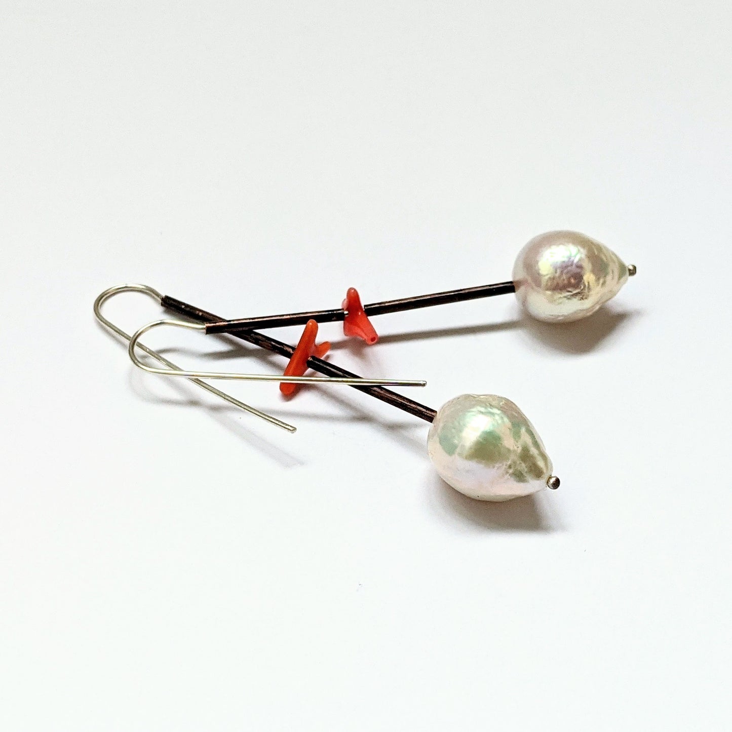 Hook Earrings Silver Pearl Coral Copper #2