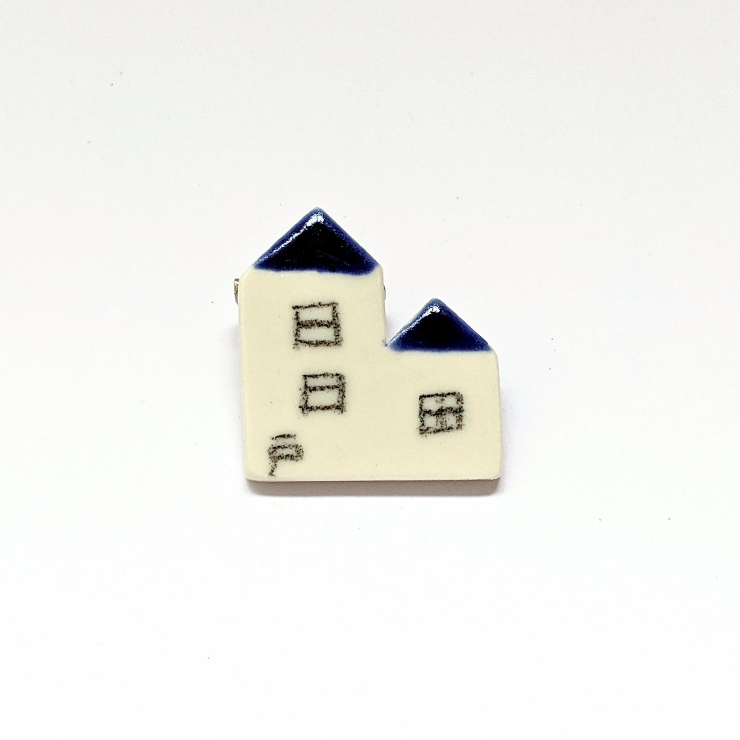 Brooch Porcelain Tiny Houses Blue White