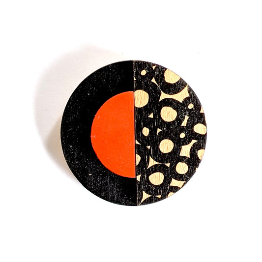 Brooch Printed Plywood Detailed Red Black Disc