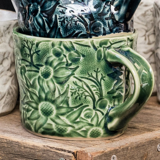 Ceramic Mug Flannel Flower Wide Deep Green