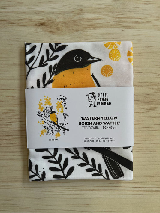 Tea towel Yellow Eastern Robin and Wattle