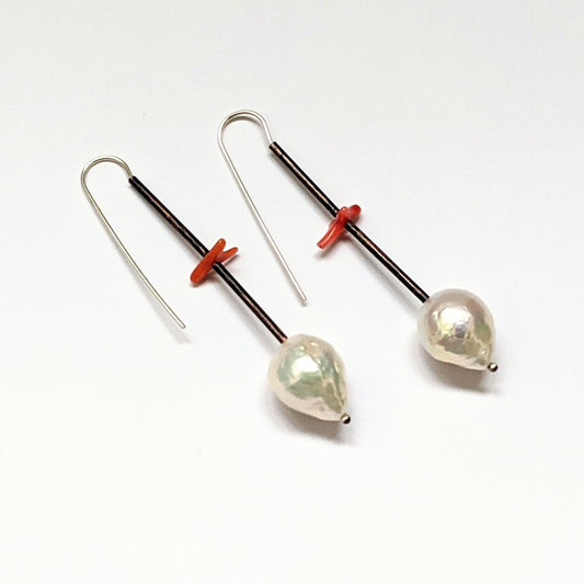 Hook Earrings Silver Pearl Coral Copper #2